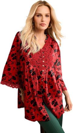 Roaman's Plus Size Juliet Lace Trim Button Down Shirt in Red Black Flower at Nordstrom, Size 26