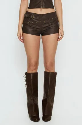 Princess Polly Romey Stud Faux Leather Shorts in Charcoal Brown at Nordstrom, Size 12