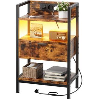 OEM Hlonone Mesa De Noche Led Con Estaci&oacute;n De Carga Y Cajones, Mesa De Noche De 3 Niveles En La Habitaci&oacute;n, Marr&oacute;n