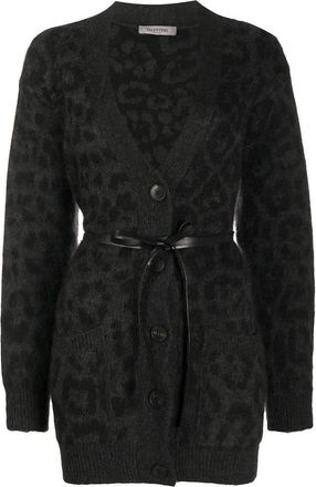 Valentino Garavani Leopard Pattern Belted V-Neck Cardigan
