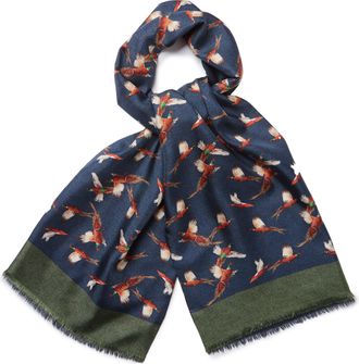 Oliver Brown Wool and Silk Flying Pheasant Scarf - Navy