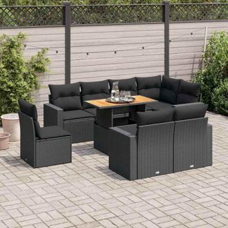 vidaXL Set De Sof&aacute;s De Jard&iacute;n Con Cojines 9 Pzas Rat&aacute;n Sint&eacute;tico Negro