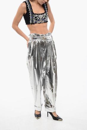 Balmain Pantaloni Baggy Fit A Vita Alta Con Pinces Effetto Metallizzato Balmain
