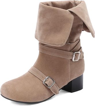 Generic Womens Retro Mid-Calf Boots with Fold-Over Collar Double Buckle Straps Low Block Heels Suede-Like Comfortable Anti-Slip Wear-Resistant for Daily Stree