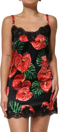 Dolce & Gabbana Womens Floral Print Lace Trim Nightgown - Black Silk - Size Large