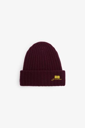 Ganni Burgundy Red Wool Knit Beanie