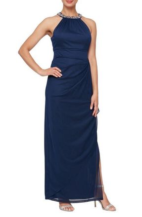 Alex Evenings Embellished Halter Ruched Column Formal Gown in Navy at Nordstrom, Size 12