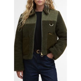 Barbour Malena Faux Shearling Fleece Crop Jacket in Olive/Light Moss at Nordstrom, Size 14 Us