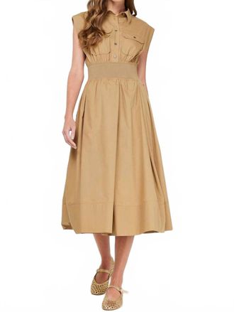 Current Air Shirt Collar Cap Sleeved Midi Dress In Latte