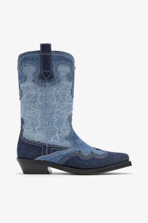 Ganni Blue Mid Shaft Embroidered Western Boots in Denim - Size 41 Organic Cotton