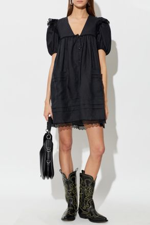 Ganni Linen Dress With Lace Inserts, Womens, Black