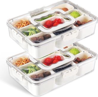 No Brand Paquete De 2 Fuentes Para Servir Divididas Con Tapa Y Asa - 9 Compartimentos. Recipiente Para Aperitivos, Organizador Port&aacute;til Para Aperitivos, Recipi