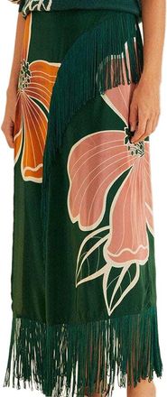 Farm Rio Honolulu Flowers Green Fringe Maxi Skirt