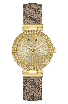 Guess Goldtone & Crystal Logo Leather Strap Watch, 32mm in Beige at Nordstrom