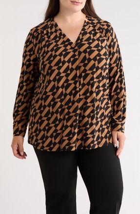 Anne Klein Geometric Print Split Neck Long Sleeve Top in Anne Black/vicuna at Nordstrom, Size 0X