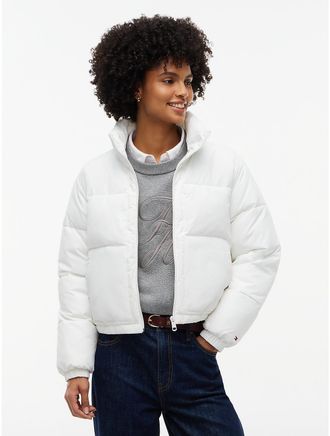 Tommy Hilfiger Womens Water-Resistant Cropped Puffer Jacket - Ecru - XXL