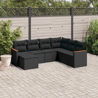 vidaXL Vidaxl - Set De Comedor De Jard&iacute;n 7 Pzas Y Cojines Rat&aacute;n Sint&eacute;tico Negro