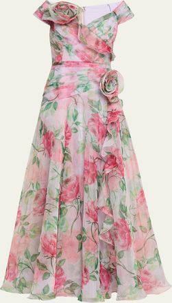 Teri Jon Pleated Off-Shoulder Floral-Print Organza Gown