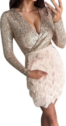 Generic Womens Sexy Bodycon Mini Dress - Deep V, Long Sleeve, Summer Tank, Party & Elegant Dress Rose Gold