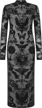 Philipp Plein Open Back Maxi Jurk Flock Butterfly Tattoo - Dames - Feestkleedjes - Zwart - XL - Polyester - Kleedjes