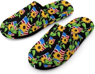 Generic Sunflower And U.S. Flag Mens Cozy Memory Foam Slippers Warm Cotton House Shoes Comfy Slipper for Indoor Outdoor