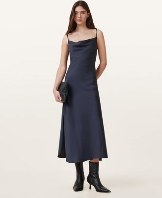 AllSaints Womens Polyester Hadley Slim Fit Midi Dress, Size: UK 16/US 12