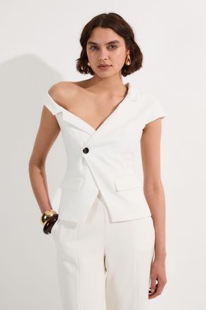 Karen Millen Womens Clean Tailored Asymmetric Collar Belted Top - White - Size 14 UK