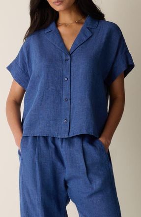 Eileen Fisher Notch Collar Organic Linen Button-Up Shirt in Deep Dive at Nordstrom, Size Xx-Small