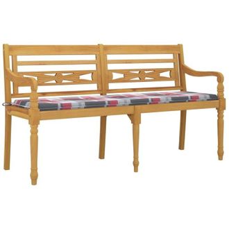 vidaXL Banco Batavia Con Coj&iacute;n Patr&oacute;n Cuadros Rojos Madera Teca 150 Cm Vidaxl