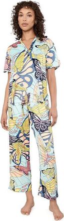 N by Natori Papillon Printed Satin Shortsleeve Mandarin Pajama Set Womens Pajama Sets Blue : L (Womens 14-16), Polyester/Satin/Spandex