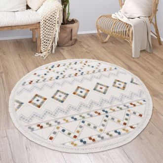 Paco Home Paco Home - Alfombra Salon De Habitacion Pelo Corto Modern Boho Etnica Nordica Dibujo Flecos ø 160 cm redon, Multicolor 6