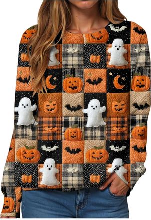 Generic Halloween Sweatshirts Womens Long Sleeve Sweatshirts Long Sleeve Slouchy Shirts Halloween Skeleton Pumpkin Print Graphic Pullover Tops UK Ghost Sweate