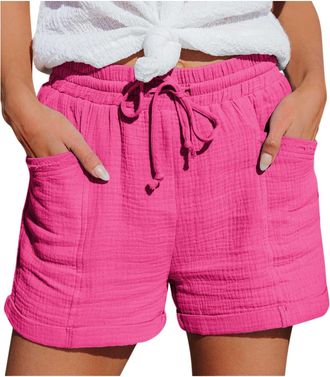 Generic Shorts for Women UK with Pockets Solid Color Chino Pants Drawstring Elastic Waist Beach Walking Shorts Casual Loose Summer Clothes Lighweight Plus Siz