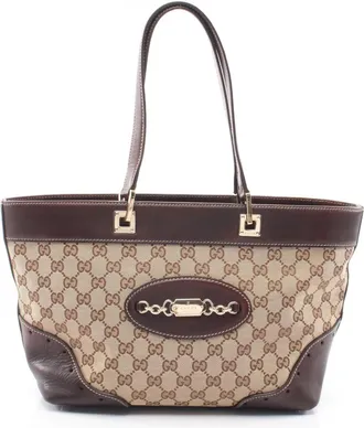Gucci Gg Canvas Beige Brown Gg Canvas Leather Handbag Tote Bag (Pre-Owned)