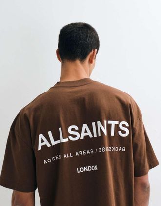 AllSaints T-shirt grafica con logo, maniche corte, stampa sul retro, marrone