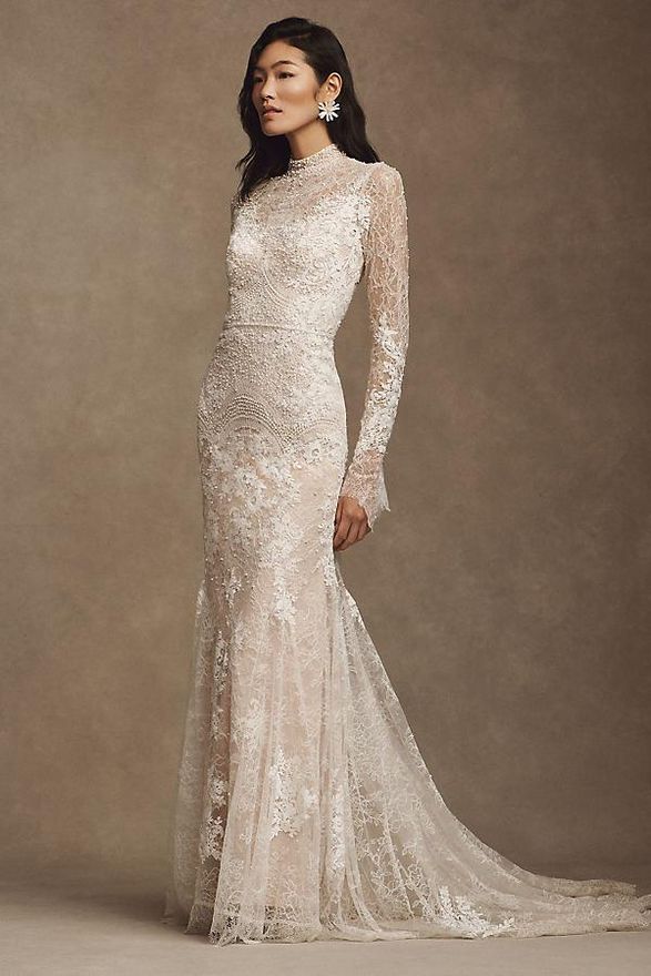 Frances High-Neck Lace Sheath Wedding Gown