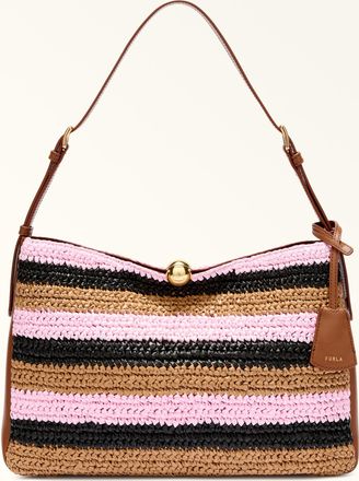 Furla Sfera Soft Borsa A Spalla L Toni Cognac Marrone Tessuto Intreccio A Righe + Pelle Di Vitello Sidney Donna