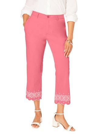 Jessica London Stretch Poplin Classic Cropped Straight Leg Pant in Tea Rose Medallion Embroidery at Nordstrom, Size 24