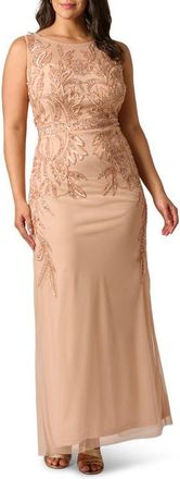 Adrianna Papell Bead Embellished Evening Gown in Rose Gold at Nordstrom, Size 14W