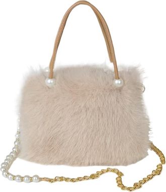 Generic Womens Plush Bags Fluffy Pearl Chain Womens Bag Purses And Handbags Plush Shoulder Underarm Small Square(Apricot)