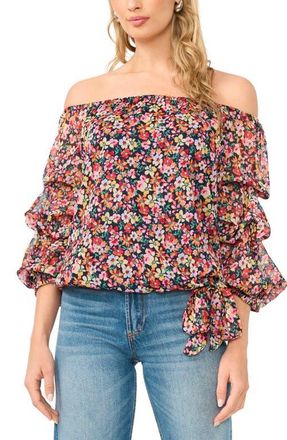 Vince Camuto Floral Print Metallic Off the Shoulder Top in Classic Navy at Nordstrom, Size X-Large