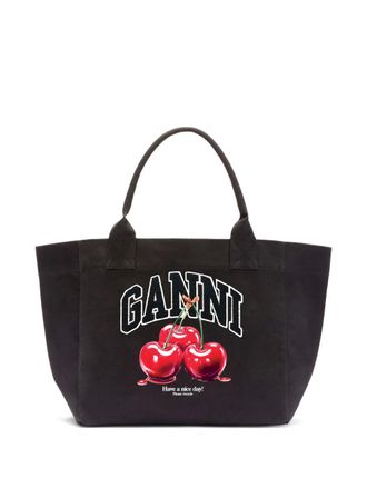 Ganni cherry print handle tote bag - Black