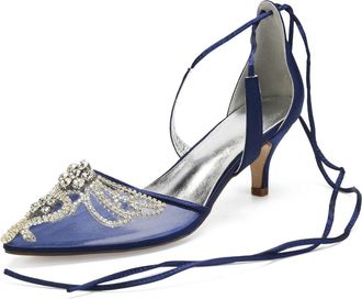 Generic Wedding Bridal Shoes Womens Slingback Bridal Heels Wedding Pumps Ankle Strap Pointed Toe Kitten Heels Dress Shoes 6Cm,Dark Blue,6 UK