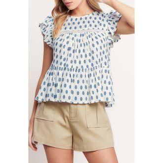 Flying Tomato Printed Woven Top in Ivory Blue at Nordstrom Rack, Size Medium