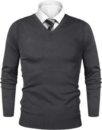 iClosam Mens Jumper V-Neck Cashmere Cotton Long Sleeve Knitted Pullover Sweater Dark Grey