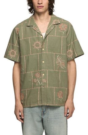 Lucky Brand Embroideree Slub Cotton Camp Shirt in Olive Multi at Nordstrom, Size Xx-Large