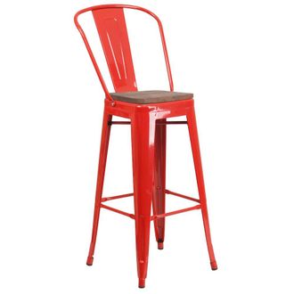 Flash Furniture 30 High Red Metal Barstool with Back and Wood Seat