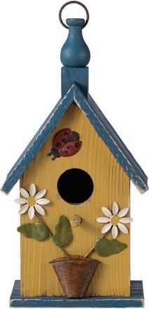 Glitzhome 12.25H Distressed Solid Wood Cottage Garden Birdhouse with Bees and Flowers in Yellow at Nordstrom, Size Medium