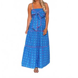 Peach Love California Floral Print Front Bow Dress In Blue