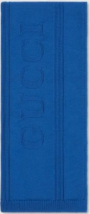 Gucci Knit Wool Scarf With Gucci Logo, Blue, Wool